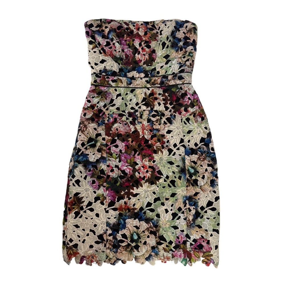 Nicole Miller Strapless Floral Lace Sheath Dress Multi Color Scalloped Hem Sz 0